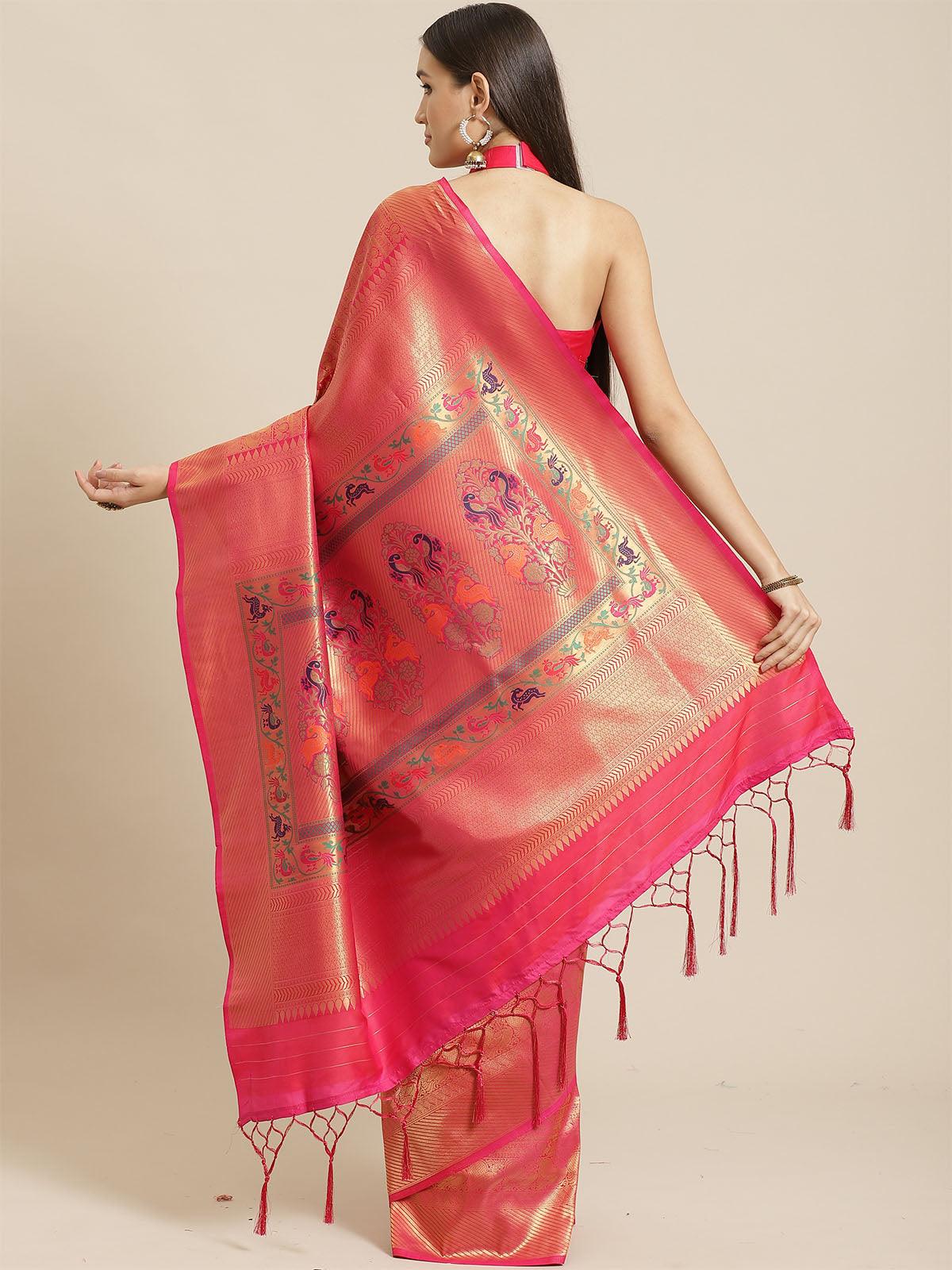 Pink Festive Silk Blend Woven Saree With Unstitched Blouse - Odette