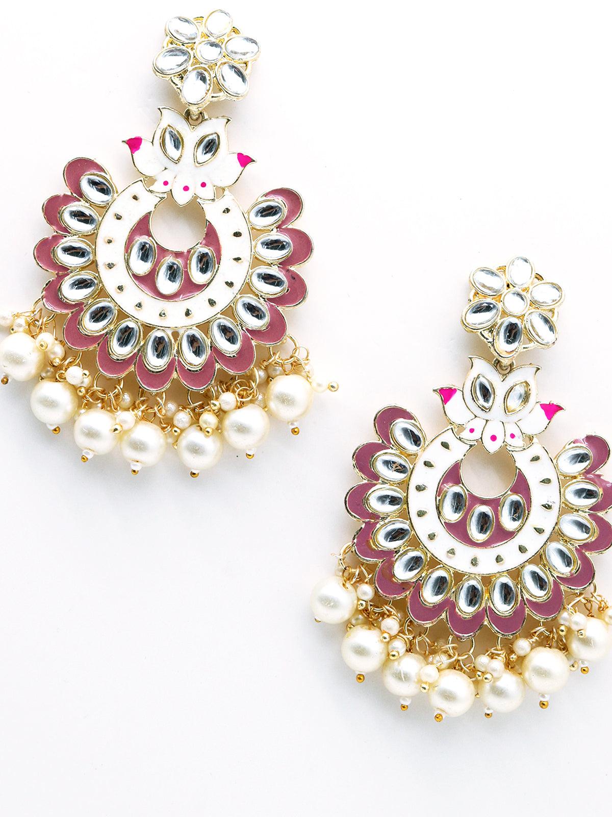 Pink floral adorned kundan pearl earrings - Odette