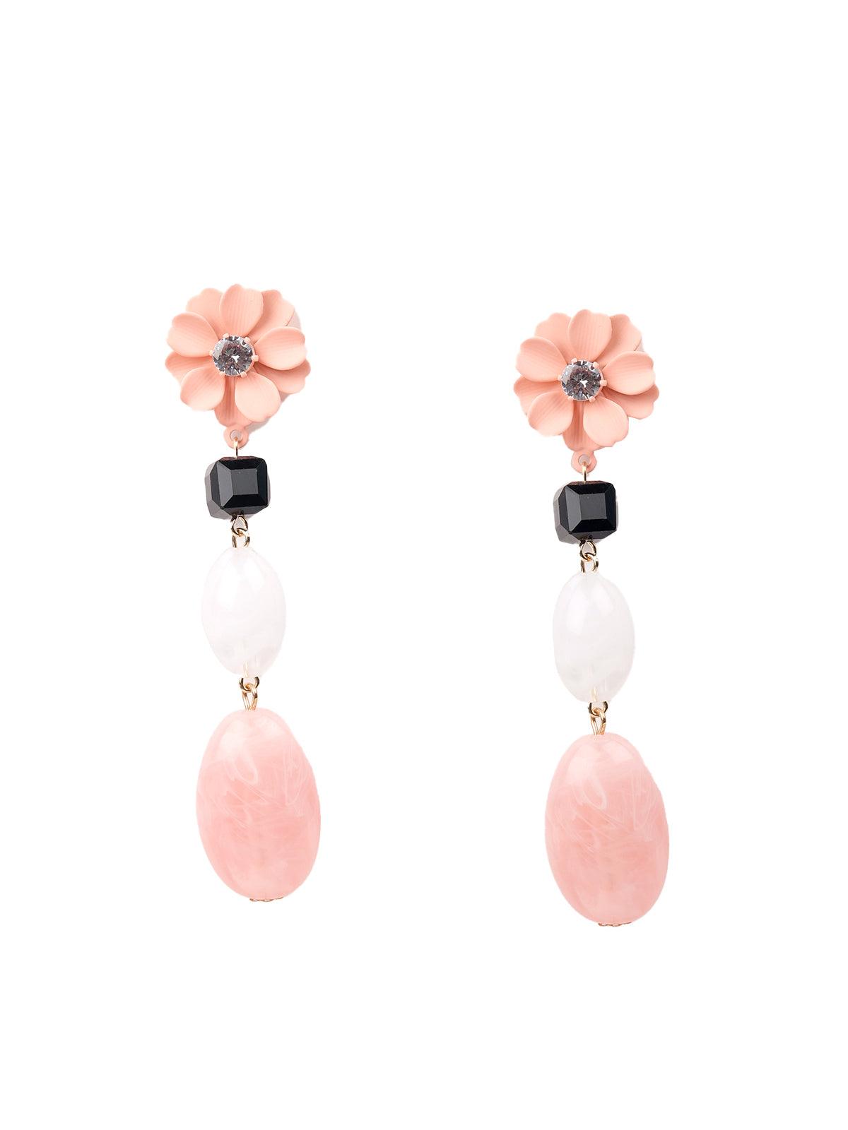 Pink Floral Beaded Drop Earrings - Odette