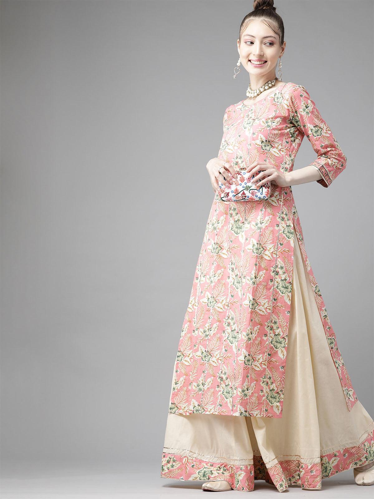 Pink Floral Printed Straight Kurta Skirt with Dupatta Set - Odette