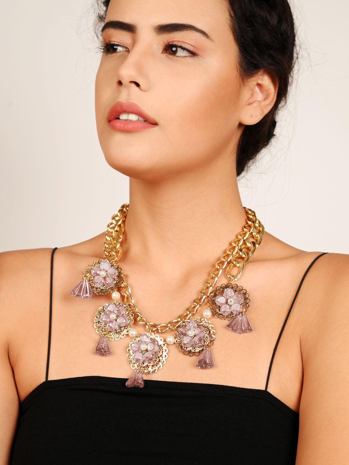 Courtney Neon Pink Crystal Encrusted Spike Scalloped Statement Necklace