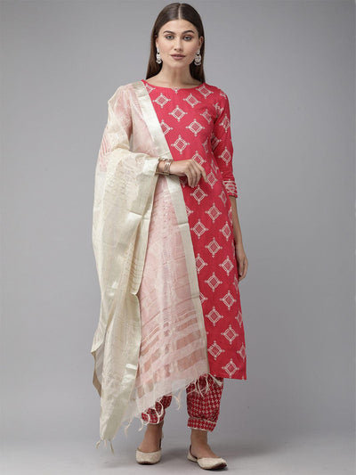 Pink Foil Printed Straight Kurta Salwar Set - Odette