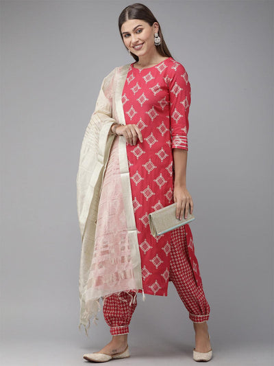Pink Foil Printed Straight Kurta Salwar Set - Odette
