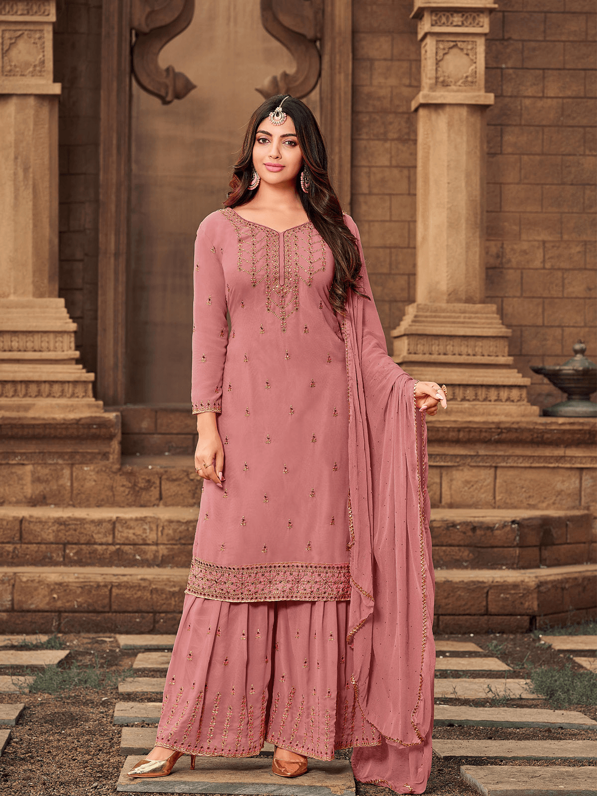 Buy Pink Georgette Designer Embroidery Diamond Stone Work Kurta