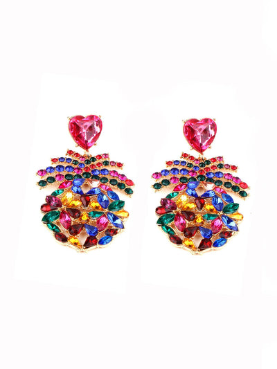 Pink Heart And Multicolored Rhinestone Earring - Odette