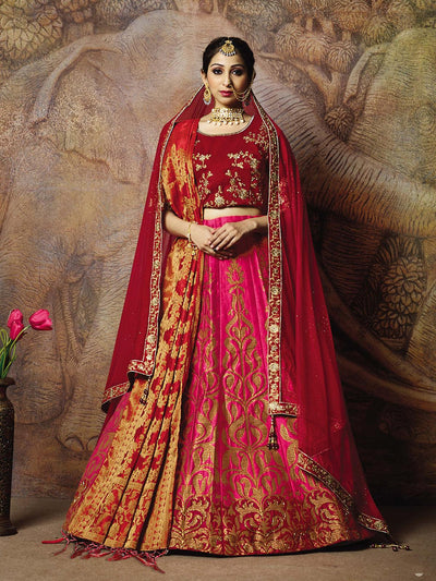 Pink Jacquard weaved silk Designer Lehenga Choli. - Odette