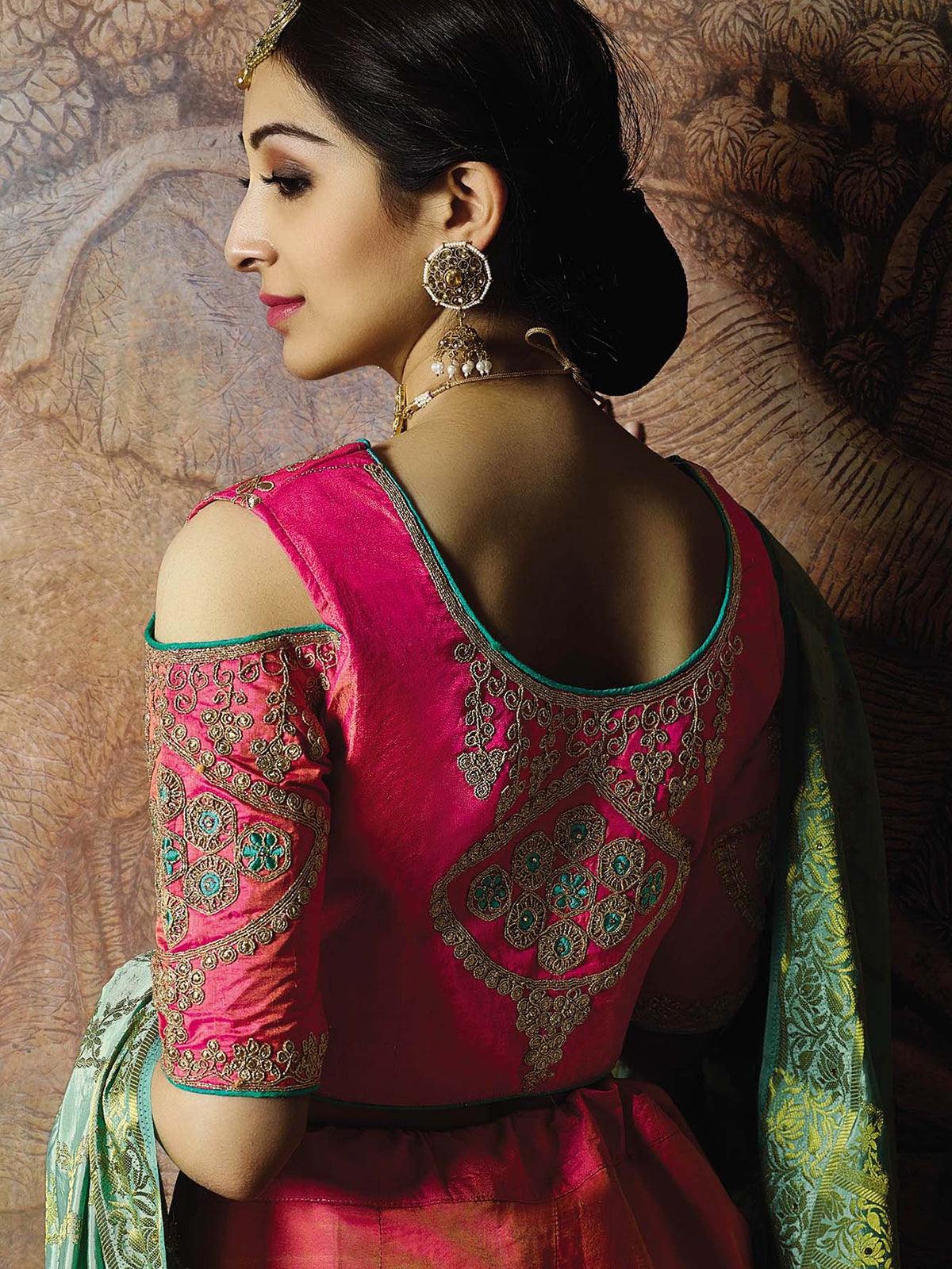 Pink Jacquard weaved silk Designer Lehenga Choli. - Odette