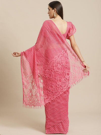 Pink Party Wear Net(Super Net) Solid Saree With Unstitched Blouse - Odette