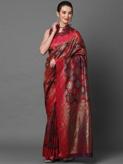 Pink Party Wear Pure Satin Woven Design Saree With Unstitched Blouse - Odette