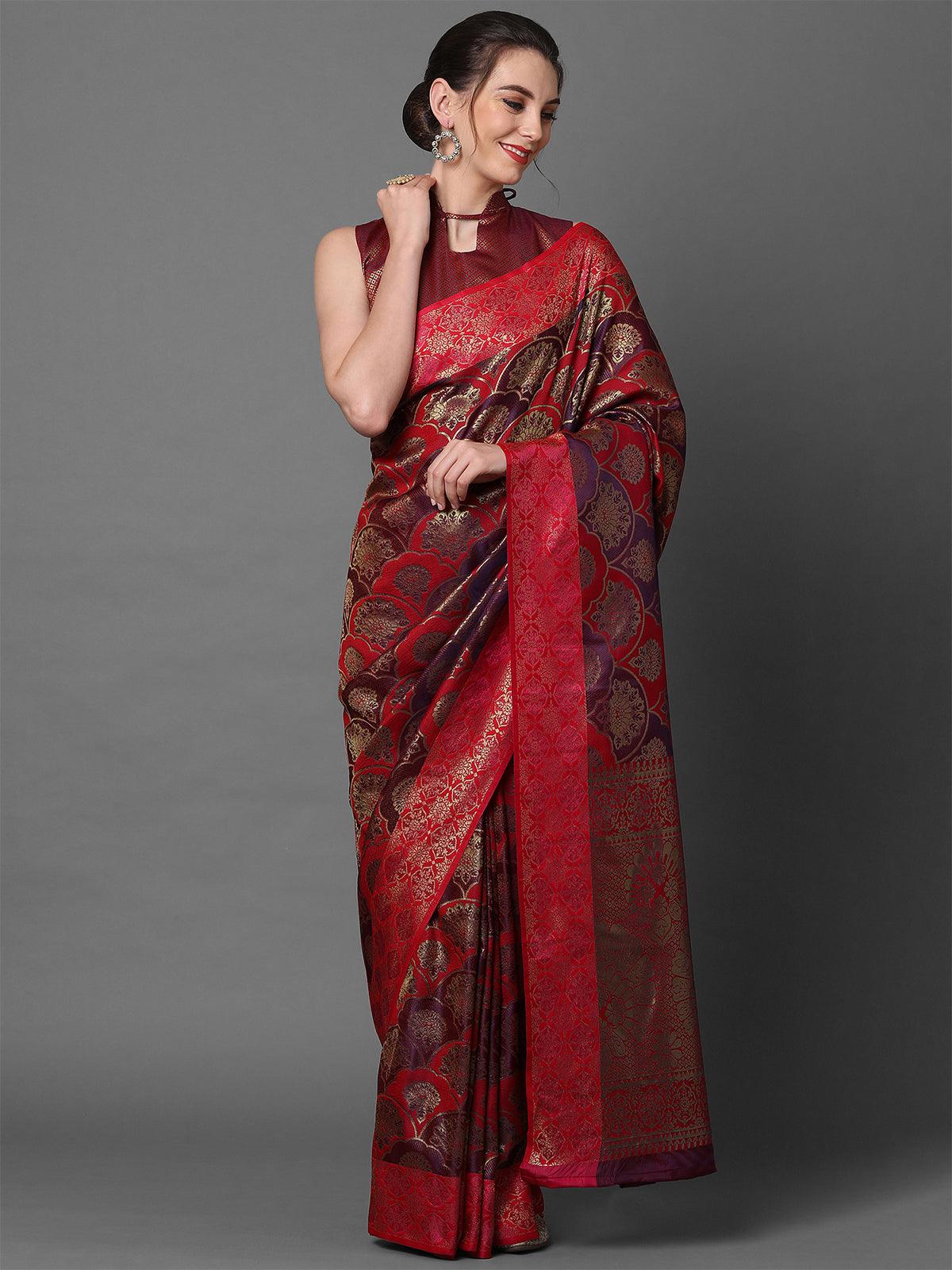Pink Party Wear Pure Satin Woven Design Saree With Unstitched Blouse - Odette