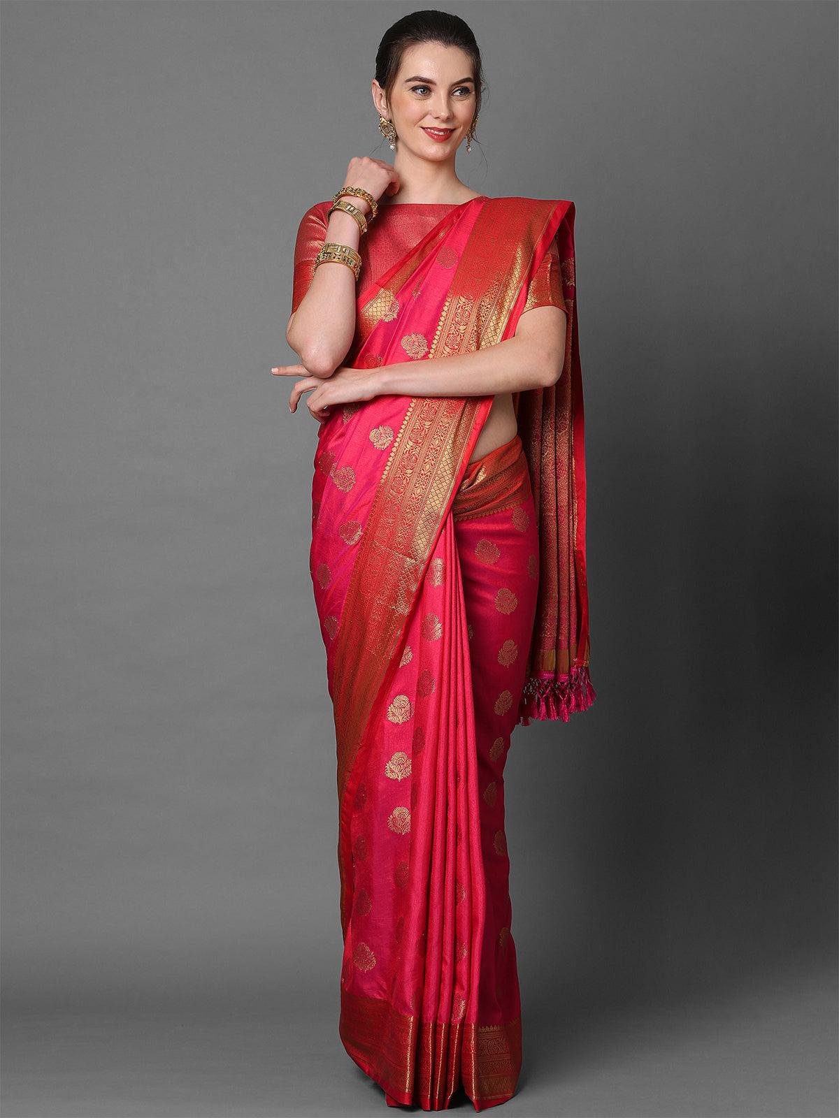 pink Party Wear Silk Blend Woven Design Saree With Unstitched Blouse - Odette