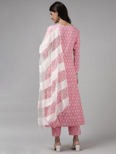 Pink Printed A-line Kurta Trouser With Dupatta Set - Odette