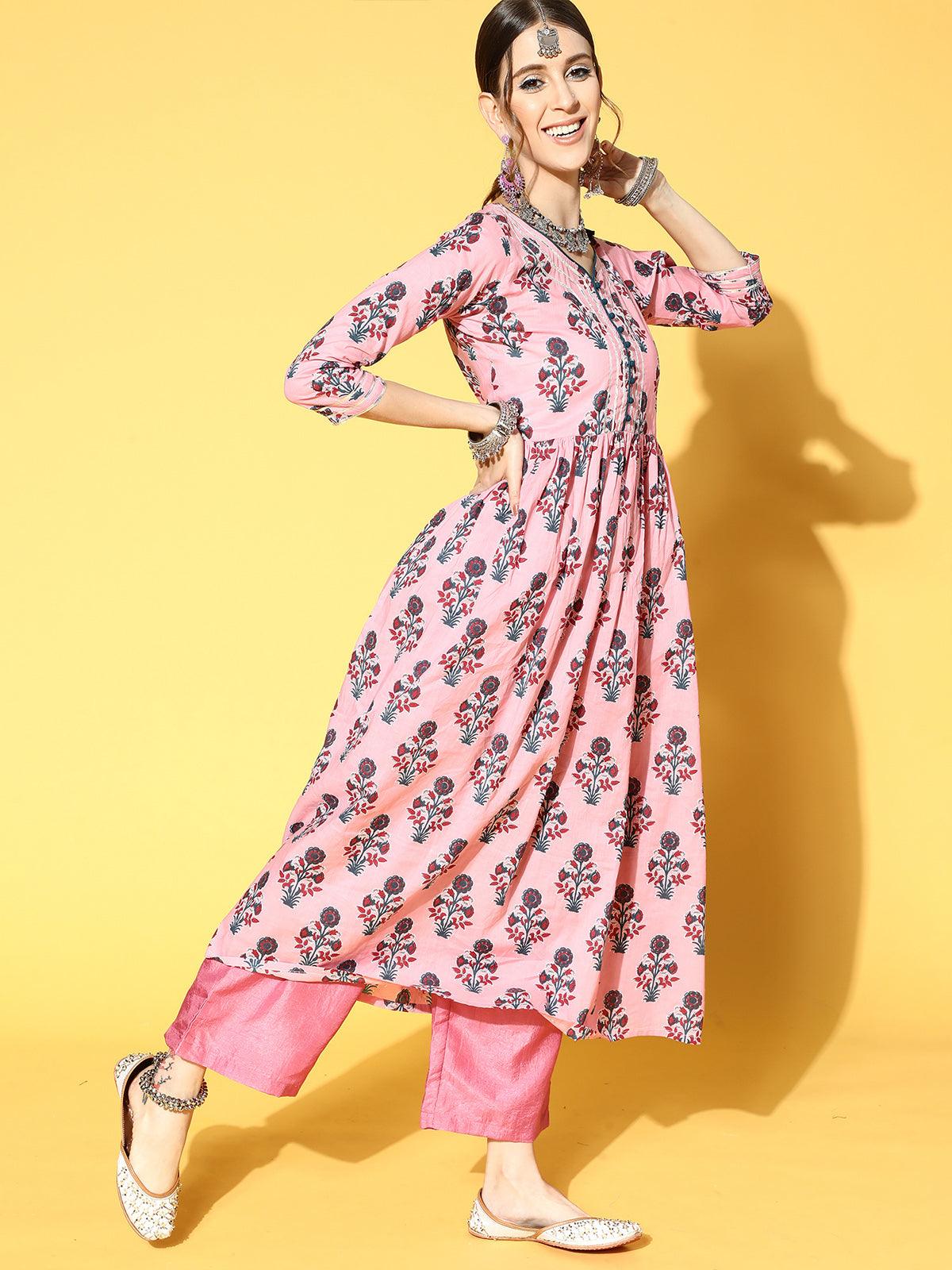 Pink Printed A-Line Kurta Trouser With Dupatta Set - Odette
