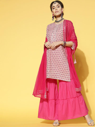 Pink Printed Straight Kurta Sharara With Dupatta Set - Odette