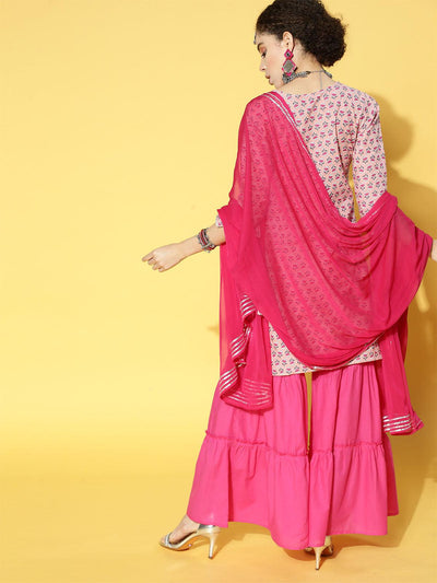 Pink Printed Straight Kurta Sharara With Dupatta Set - Odette