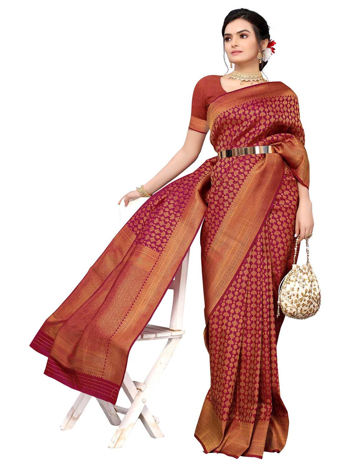 Pink Silk Blend Woven Saree With Blouse - Odette