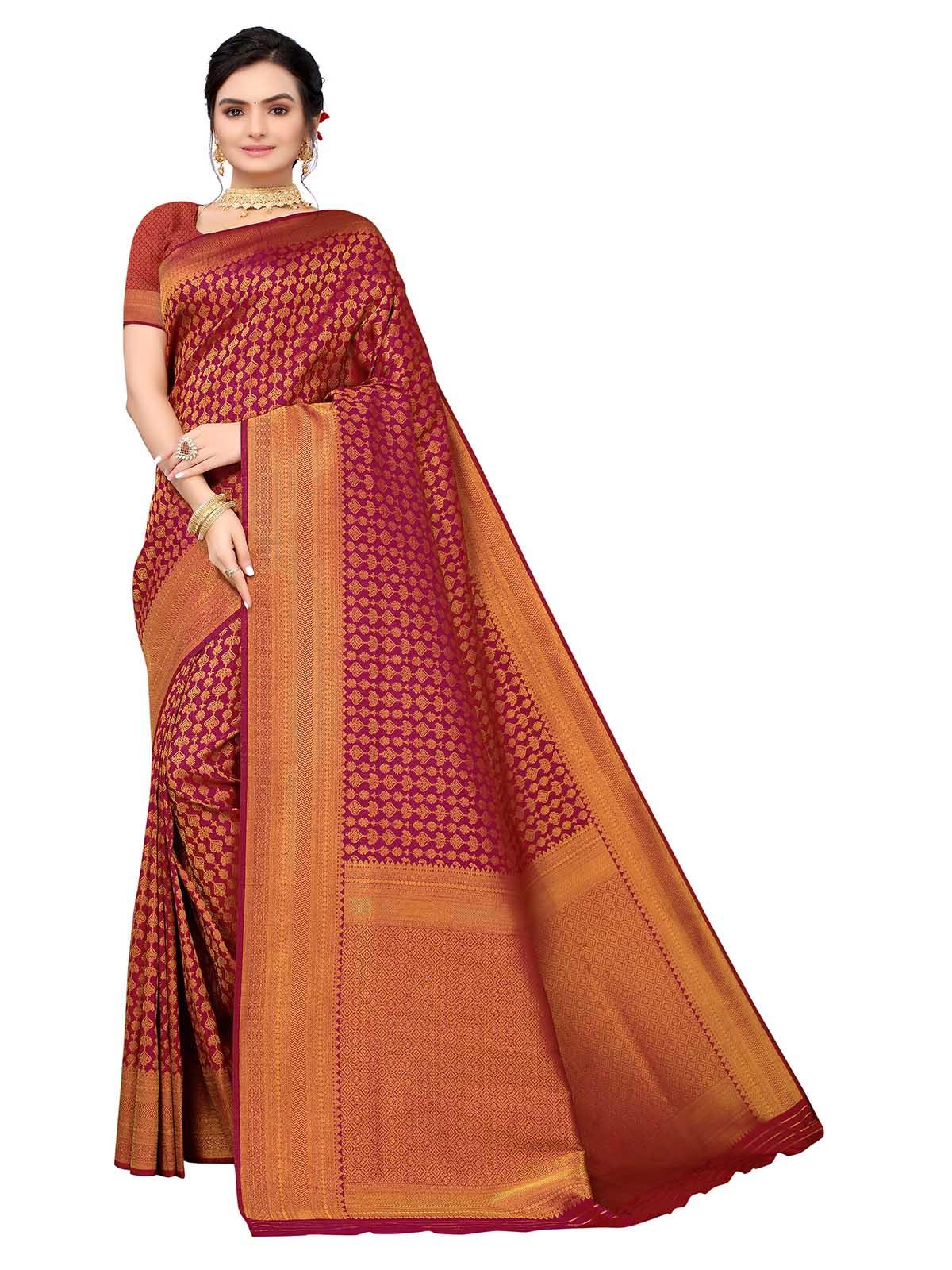 Pink Silk Blend Woven Saree With Blouse - Odette