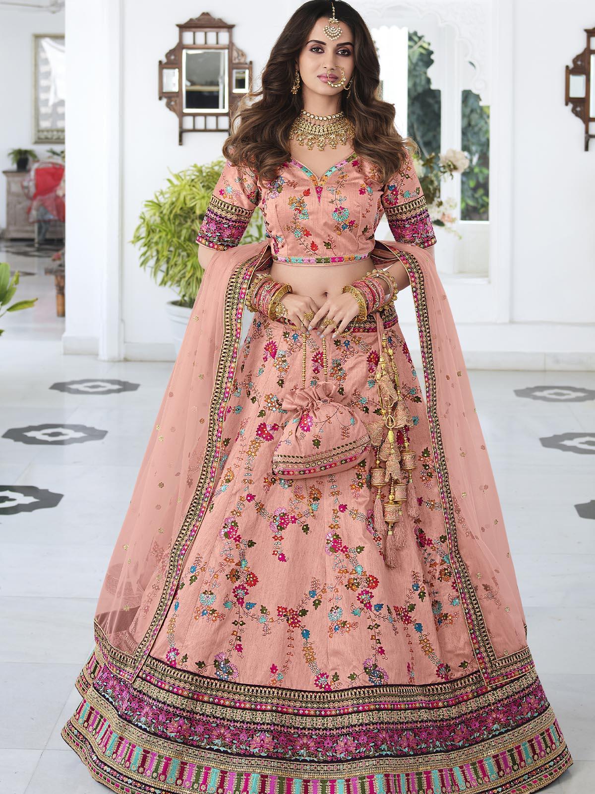 Pink Silk Floral Embroidered Lehenga Choli With Dupatta - Odette