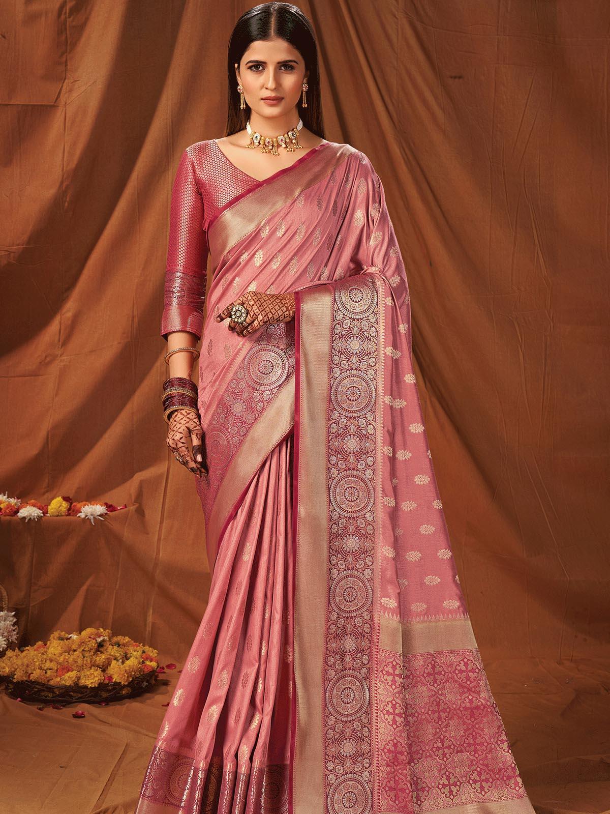 Pink Silk Heavy Jari Wevon Designer Saree - Odette