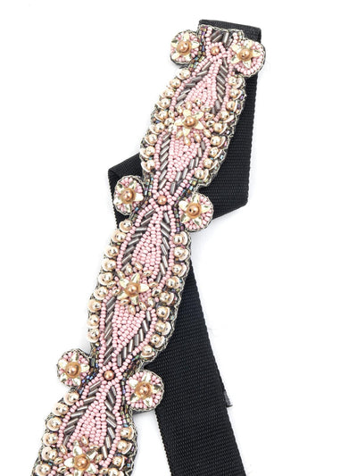 Pink Slim Tie able Black Fabric Belt - Odette