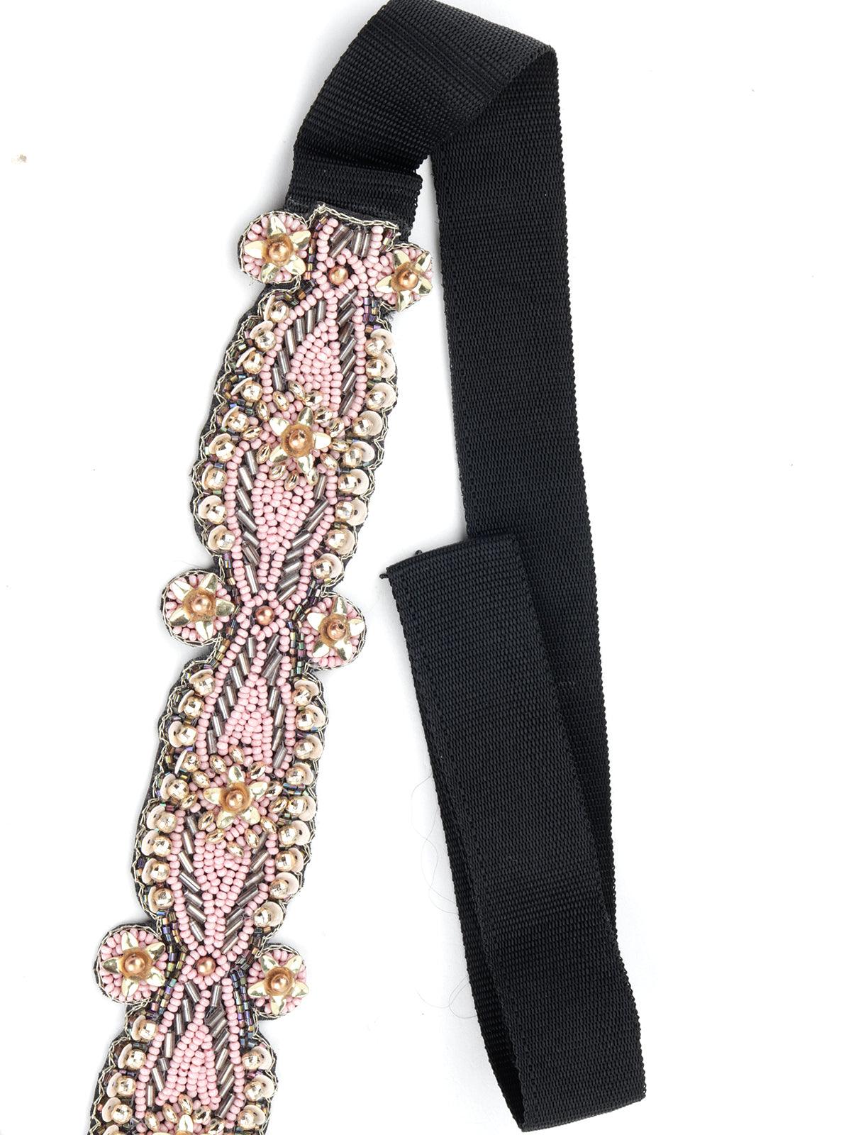 Pink Slim Tie able Black Fabric Belt - Odette