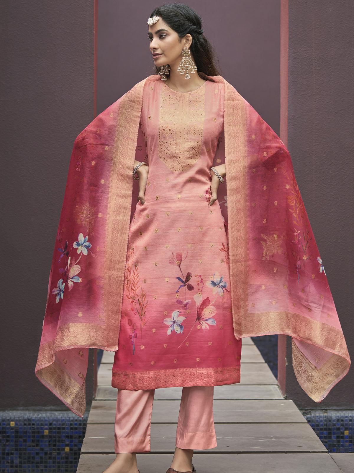Pink Unstitched Digital Printed Dress Material With Dupatta - Odette