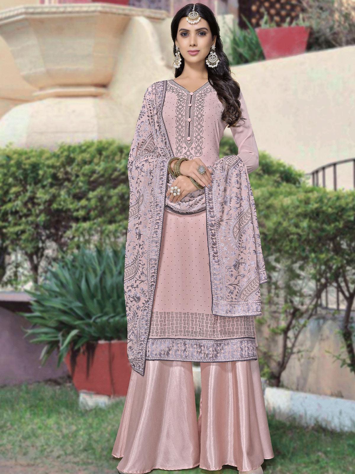 Pink Unstitched Embroidered Dress Material With Dupatta - Odette