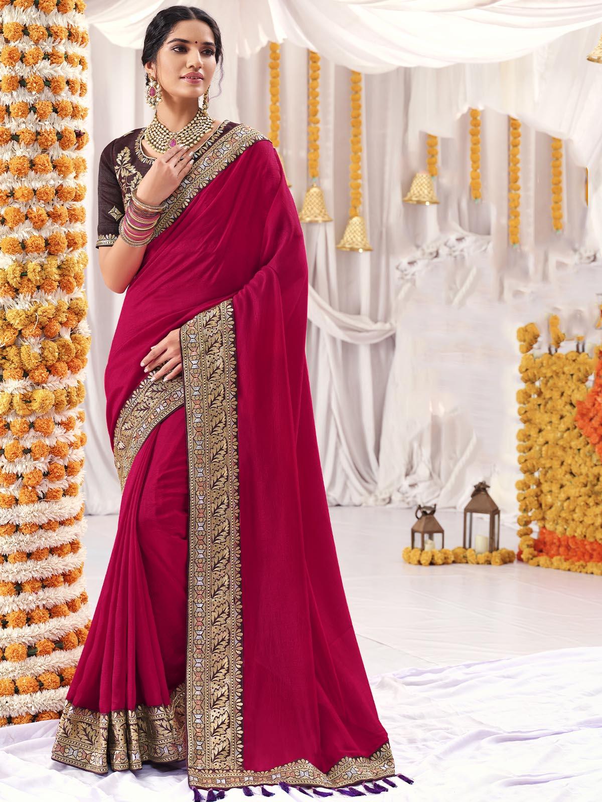 Pink Vichitra Silk Solid Saree With Blouse Piece - Odette