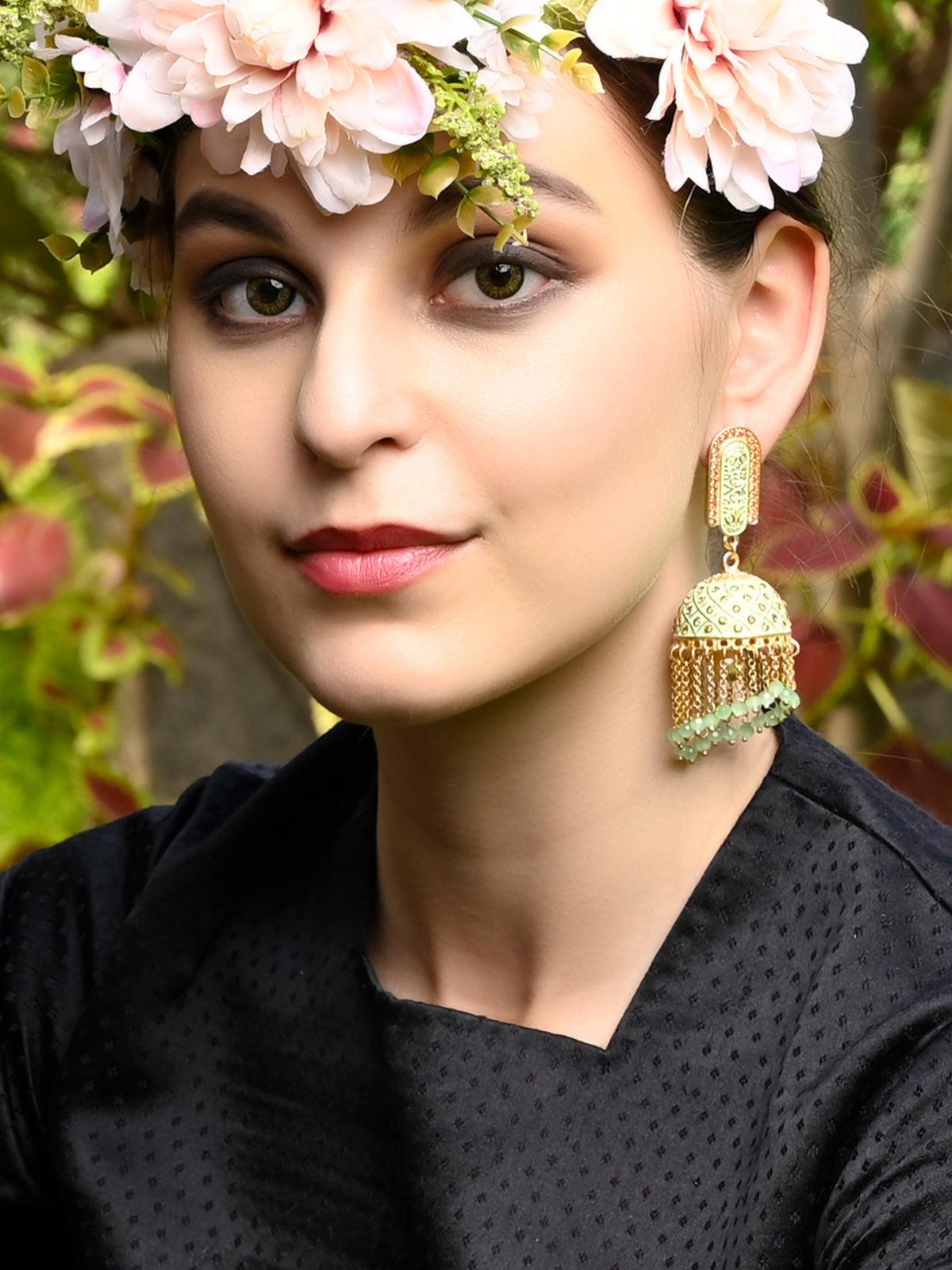 Floral Stone-Studded Meenakari Pista Green Jhumka for Wedding |  FashionCrab.com