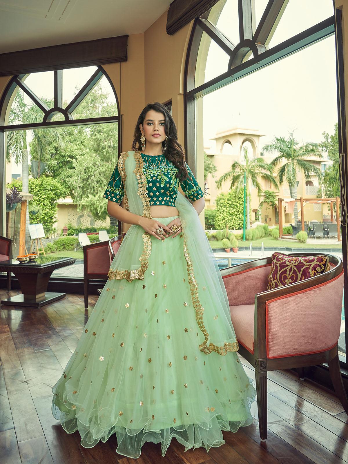Buy Pista Green to Olive Multi Color Party Wear Silk Designer Lehenga choli  collection