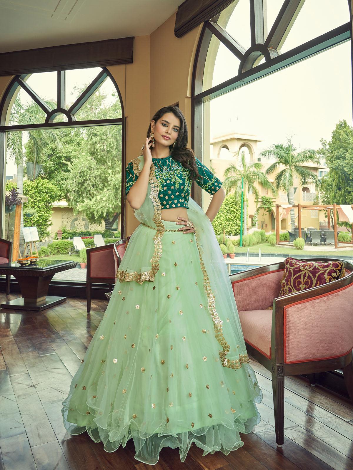 Buy Pista Green Sequence Work Net Wedding Girlish Party Wear Lehenga Choli  Online from EthnicPlus for ₹3,499.00