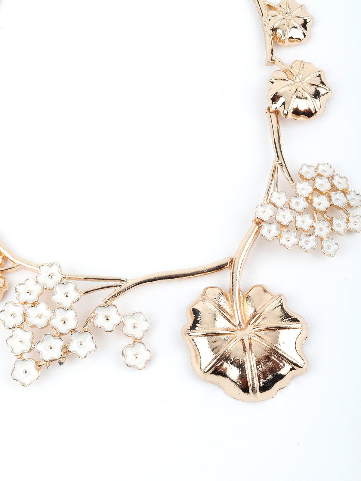 Pretty White And Gold Floral Necklace - Odette