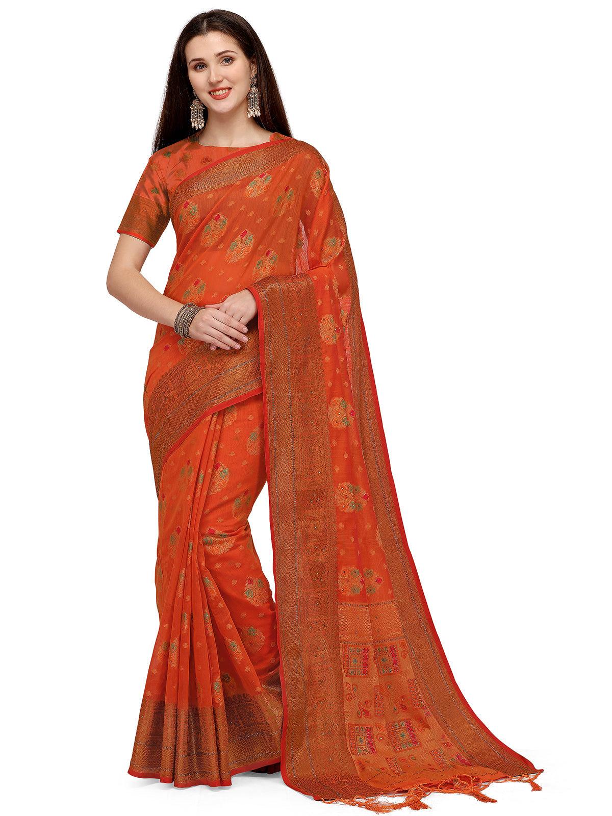 Pumpkin Colour Banarasi Silk Embelished Work Saree - Odette