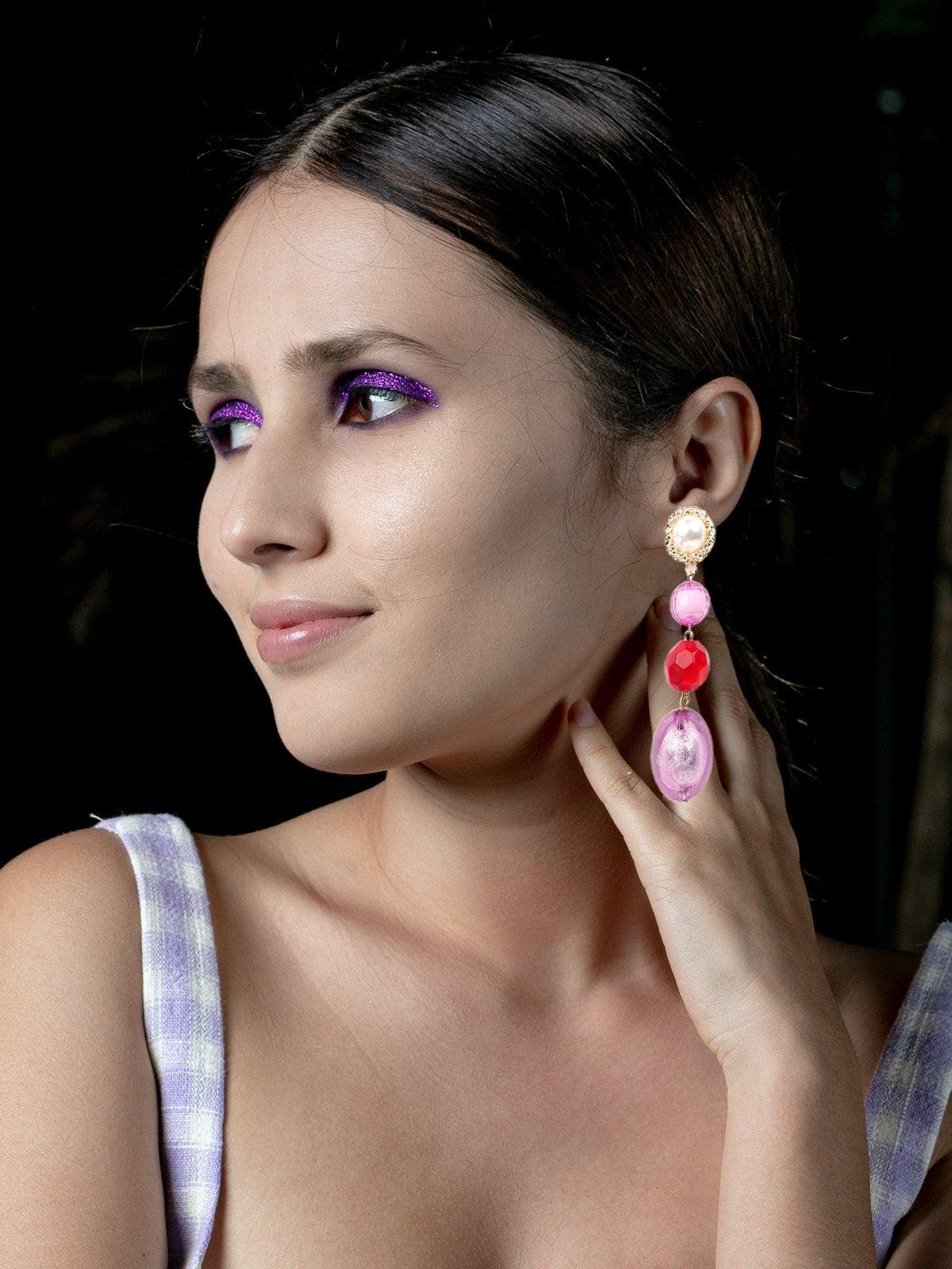 Purple And Red Beaded Drop Earrings - Odette