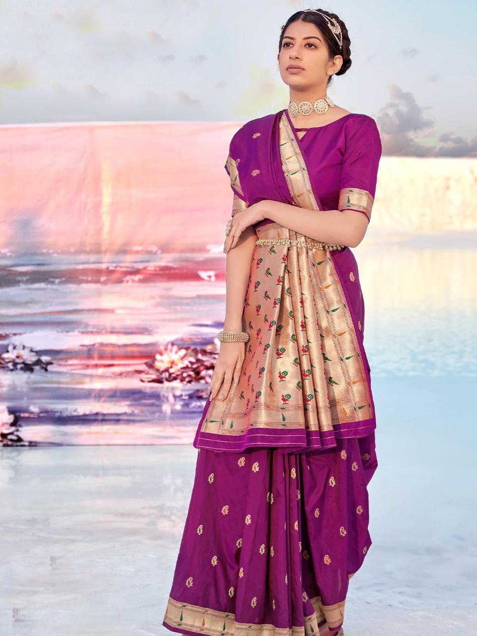 Purple Banarasi Soft Silk Woven Design Saree With Blouse Piece - Odette