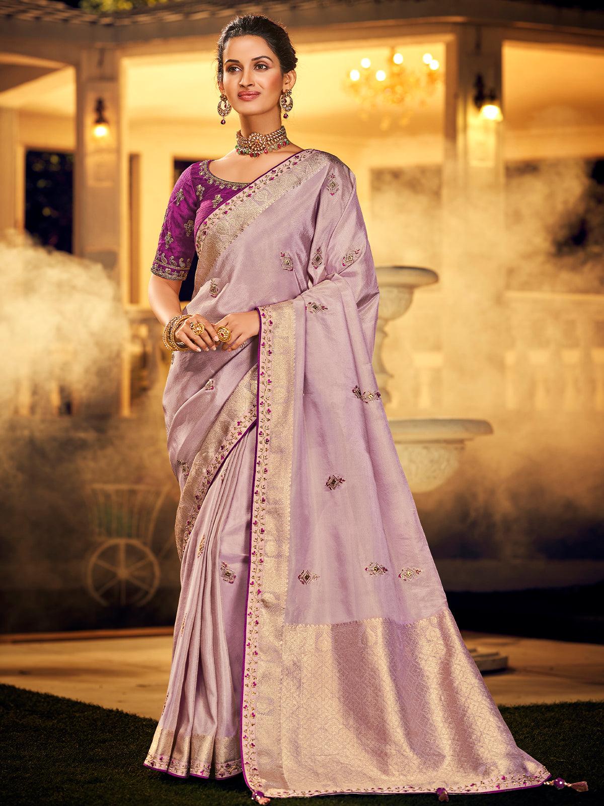 Purple Color Viscose Dola Silk Saree Pair With Raw Silk Blouse - Odette