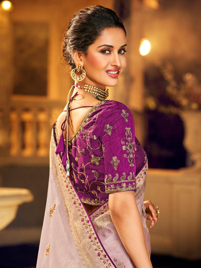 Purple Color Viscose Dola Silk Saree Pair With Raw Silk Blouse - Odette