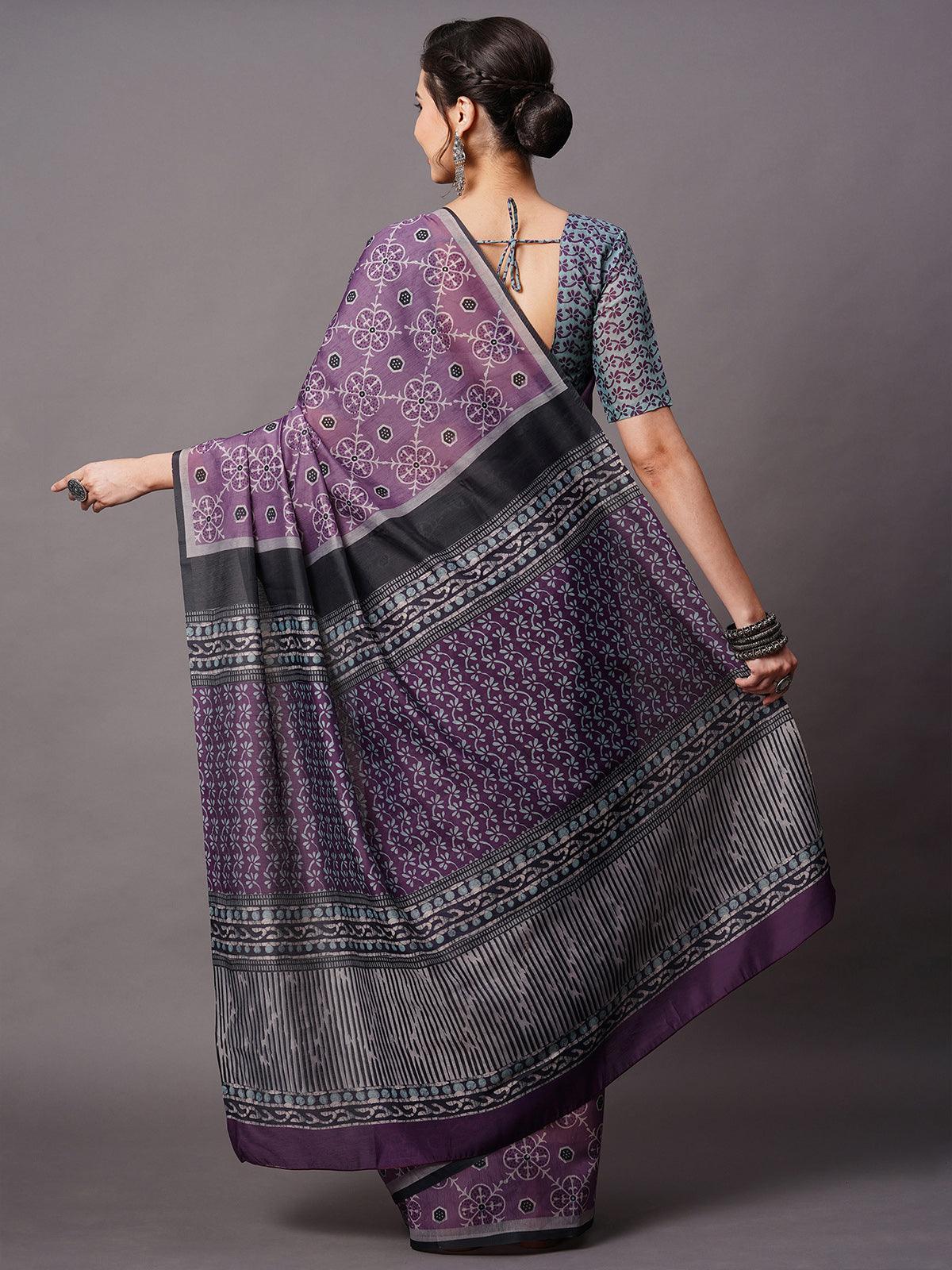 Purple Festive Bhagalpuri Silk Printed Saree With Unstitched Blouse - Odette