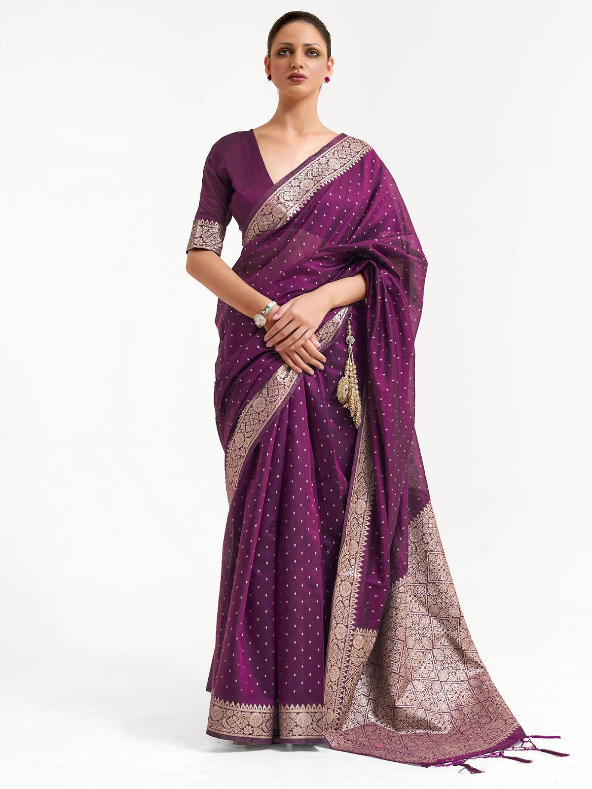 Purple Festive Silk Blend Woven Design Saree With Unstitched Blouse - Odette