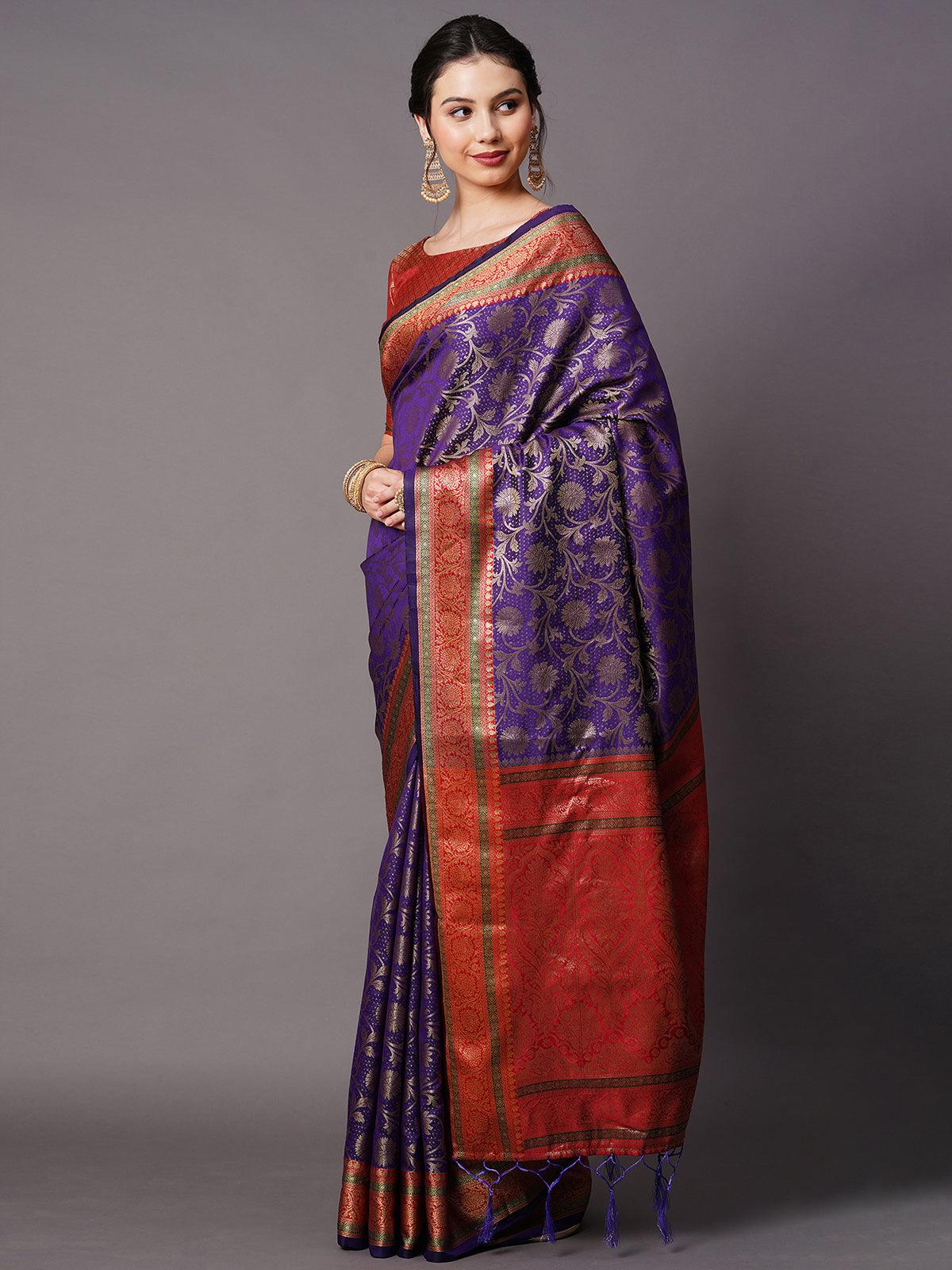 Purple Festive Silk Blend Woven Design Saree With Unstitched Blouse - Odette
