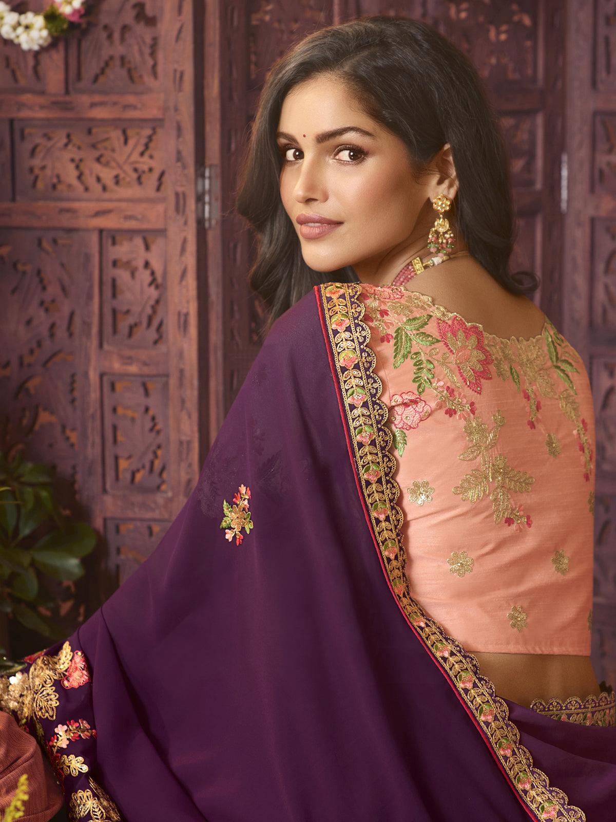 Purple georgette embroidered saree - Odette