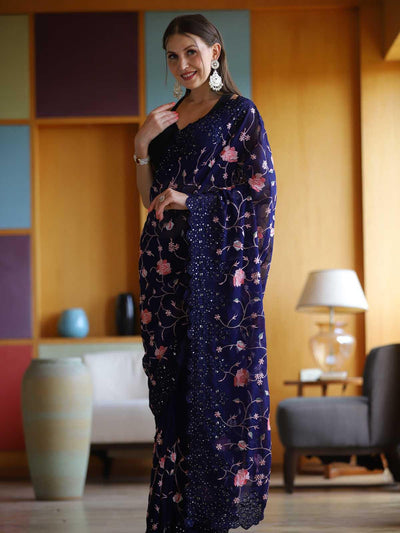 Purple Georgette Embroidery Saree With Blouse - Odette