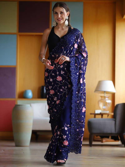 Purple Georgette Embroidery Saree With Blouse - Odette