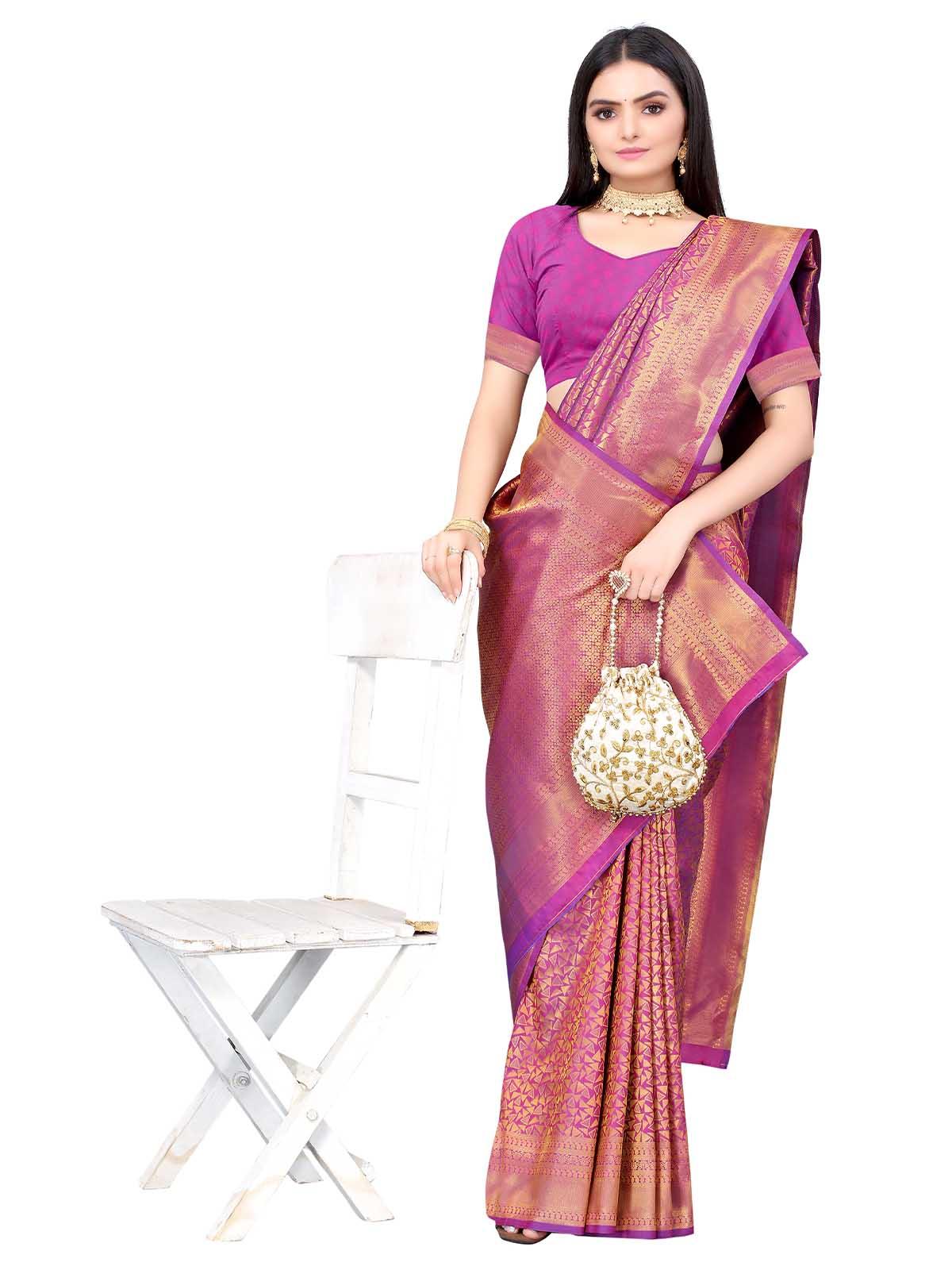 Purple Silk Blend Woven Saree With Blouse - Odette