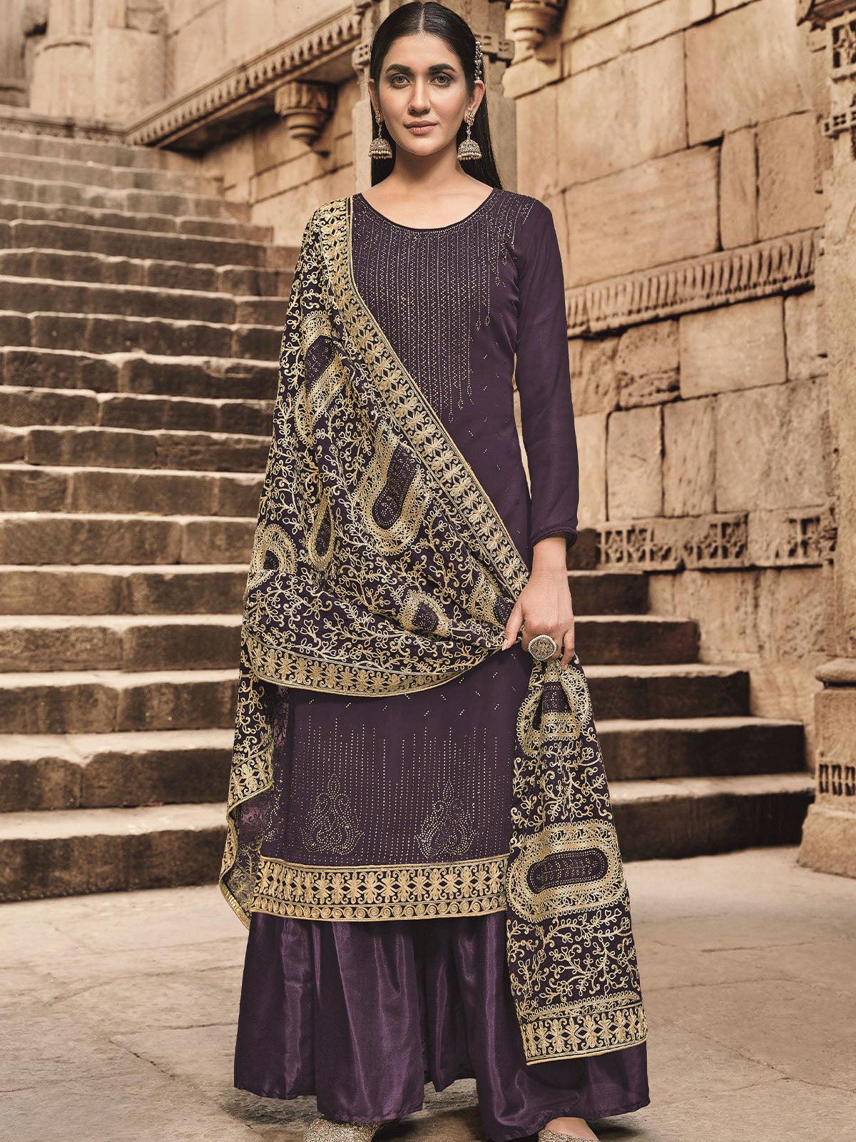 Purple Unstitched Embellished Dress Material With Embroidered Dupatta - Odette