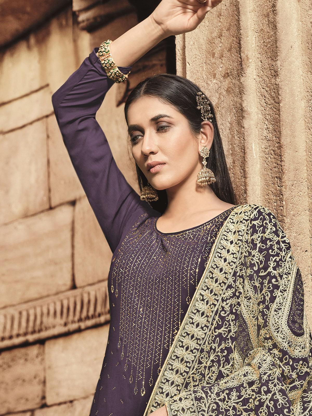 Purple Unstitched Embellished Dress Material With Embroidered Dupatta - Odette