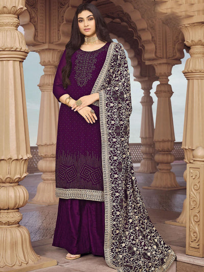 Purple Unstitched Embroidered Dress Material With Dupatta - Odette