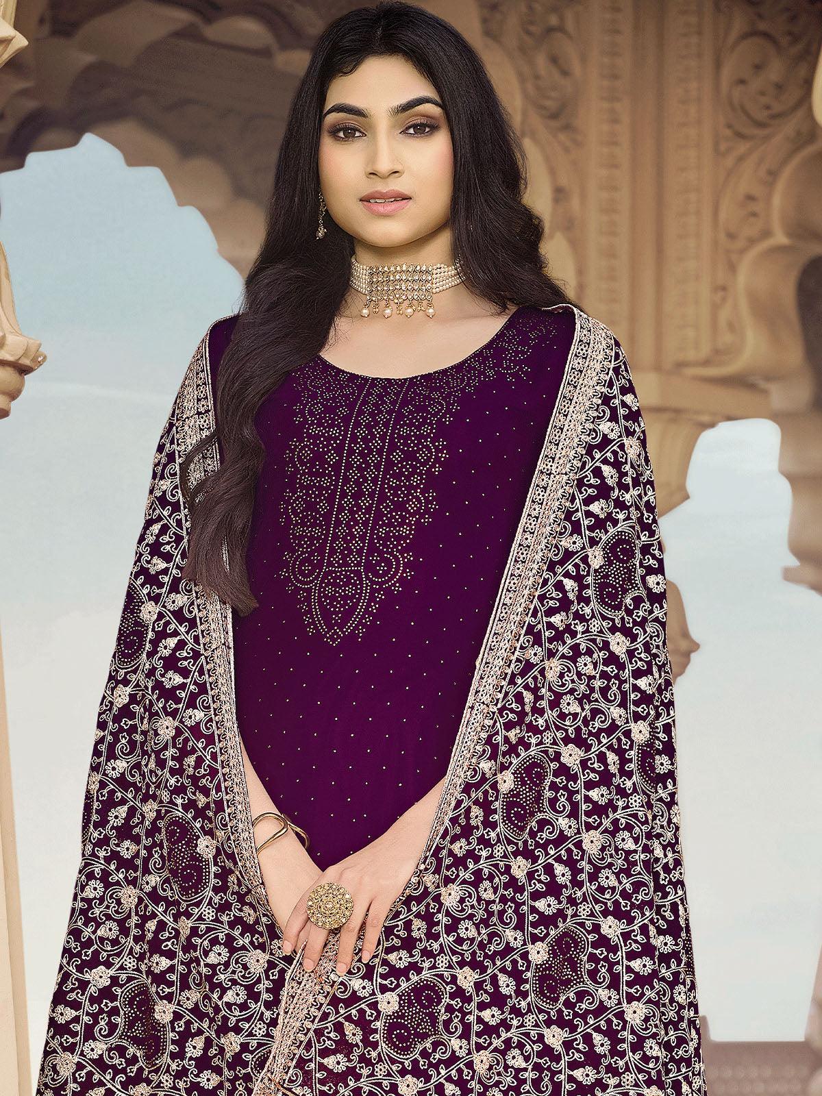 Purple Unstitched Embroidered Dress Material With Dupatta - Odette
