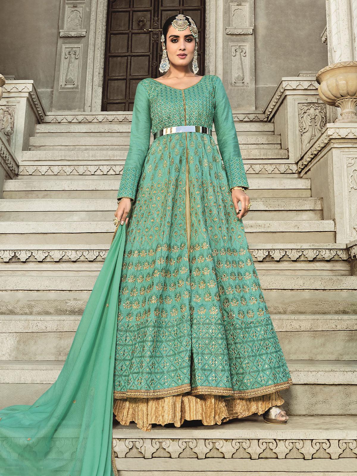Rama Green Embroidered Dress Material With Dupatta - Odette