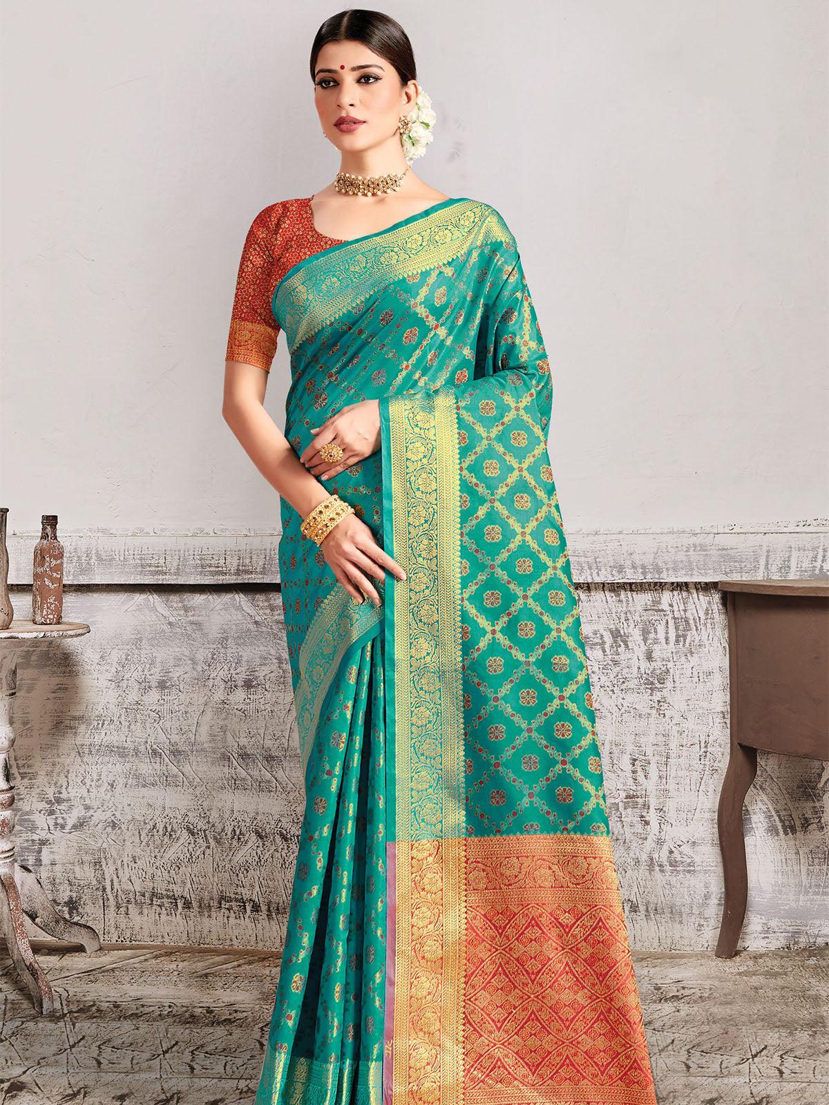 Rama Green Silk Heavy Jari Wevon Designer Saree - Odette